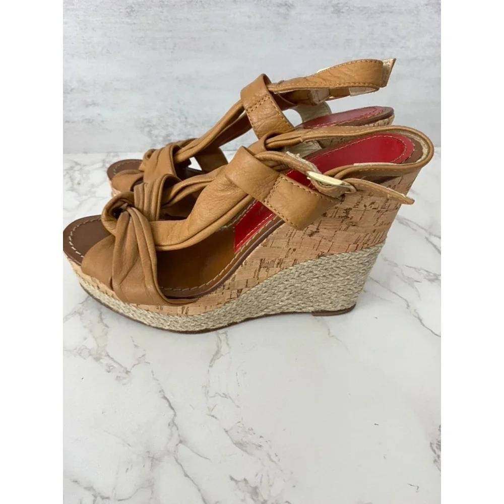 Paloma Barceló Sandals Espadrilles Sz 38/7.5 Tan Leather Wedge Platform Dressy